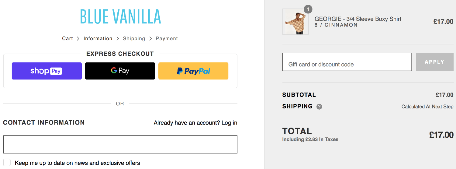 Blue Vanilla discount code box